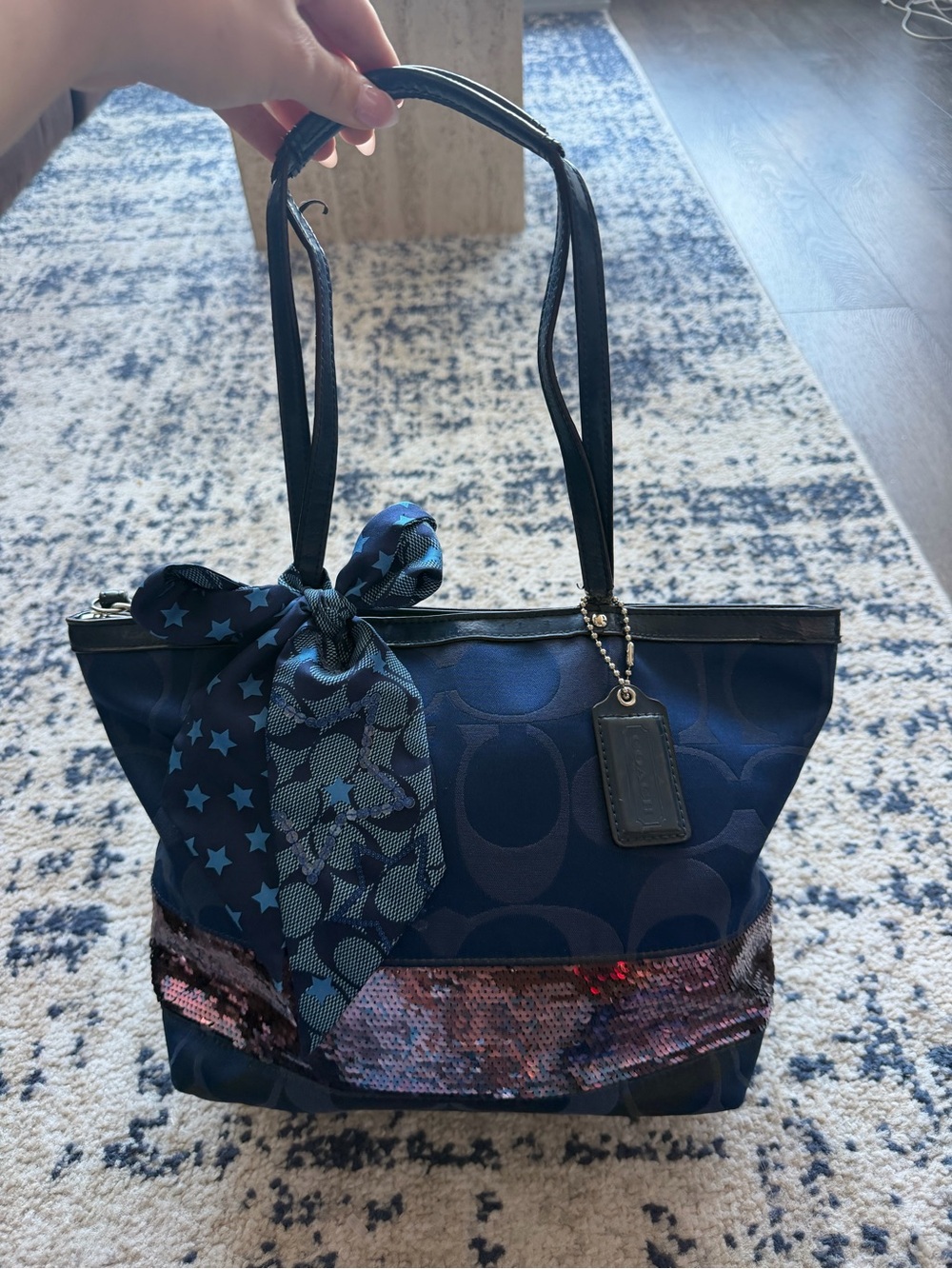 Coach Navy Signature Canvas Tote with Sequin Trim and Blue Scarf